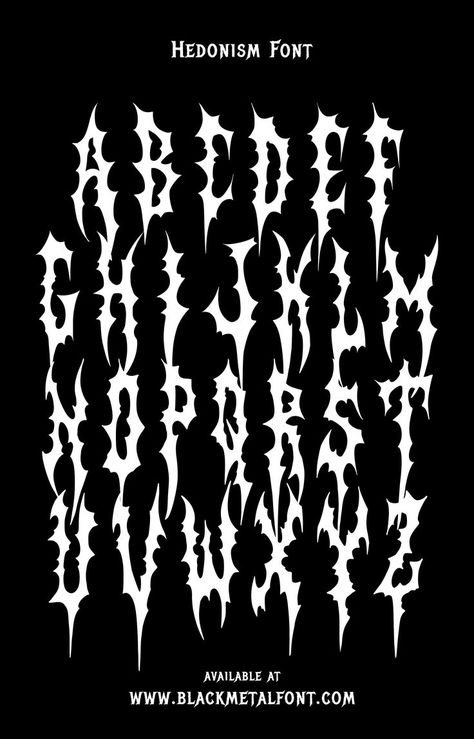 Hedonism Font Alphabet by blackmetalfont.com Edgy Fonts Alphabet, Alt Fonts, Metal Fonts Alphabet, Goth Fonts, Heavy Metal Font, Black Metal Font, Font Styles Alphabet, Y2k Font, Y2k Fonts