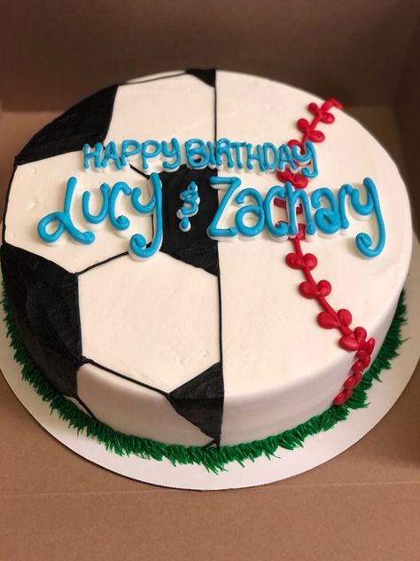 Half Soccer Half Basketball Cake, Soccer And Baseball Cake, Soccer Baseball Cake, Sports Cake Ideas, Sports Cakes For Boys Birthdays, Sports Birthday Cakes, Baseball Birthday Cakes, Soccer Birthday Cakes, Soccer Cake