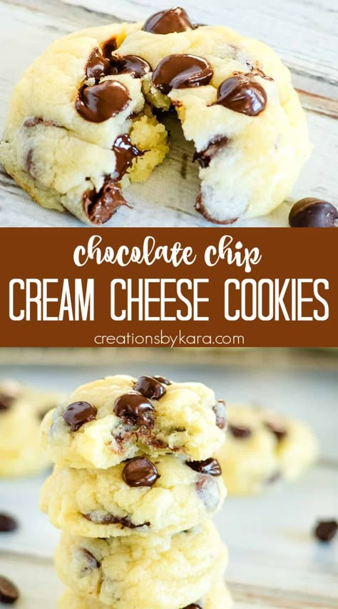 Chocolate Chip Cream Cheese Cookie Recipe - extra soft and moist, these chocolate chip cheesecake cookies are sure to be a hit! #creamcheesecookies #creamcheesechocolatechipcookies #creamcheesecookies #cookierecipe -from Creations by Kara Cream Cheese Choc Chip Cookies, Cream Cheese Chocolate Cookies, Chocolate Chip Cookies With Cream Cheese, Chocolate Chip Cream Cheese Cookies, What To Make With Cream Cheese, Chocolate Chip Cheesecake Cookies, Chocolate Chip Cream Cheese, Mmm Cookies, Cream Cheese Chocolate Chip