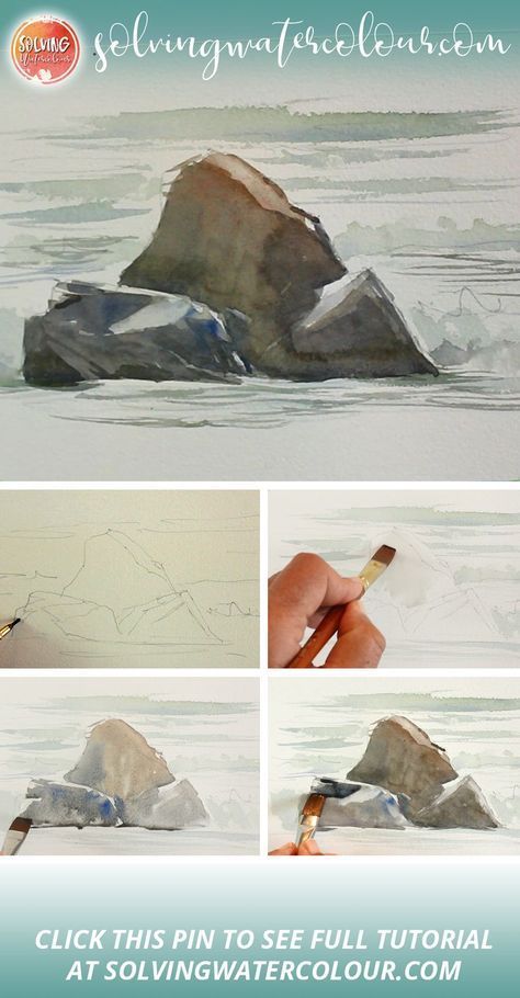 Painting Rock Formations, How To Paint A Rock On Canvas, Watercolour Rocks Painting, Watercolor Rock Painting, Rocks In Water Painting, Watercolor Rocks And Water, How To Draw Rocks Step By Step, How To Paint Rocks On Canvas, Watercolor Rocks Tutorials