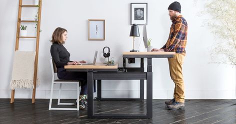 Shared Home Offices, Shared Home Office, Desk For Two, Office For Two, Sit Stand Workstation, Standing Desk Office, Shared Office, Sit Stand Desk, Office Inspo