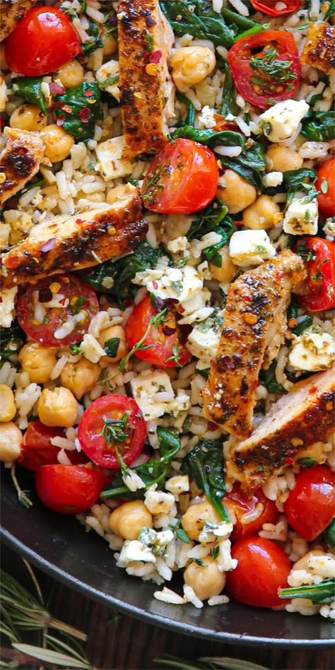 Greek Chicken with Lemon Rice, Chickpeas, Spinach, Grape Tomatoes, and Feta Cheese. 30 Minute One-Pan Meal.  It's healthy, gluten-free, protein-rich, and fiber-rich, and can be easily made dairy-free. 5 Minute Healthy Meals, Fiber Rich Foods Recipes, Fiber Rich Meals, Heart Healthy Dinner, Mediterranean Diet Dinner, Chicken With Chickpeas, Protein Dishes, Mediterranean Chicken Recipes, Mediterranean Recipe