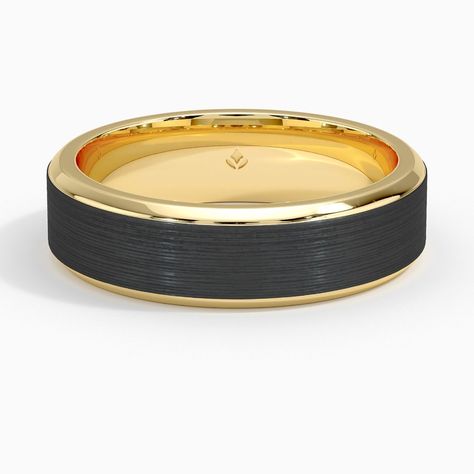 Men's 18K Yellow Gold Titanium and Merle Black 6mm Wedding Ring. A classic mixed metal look is crafted with an outer shell of titanium and a handsome beveled edge and interior of smooth, lustrous gold in your choice of 18K white, 18K yellow, or 14K rose gold.     The white gold version of this design features no rhodium plating, allowing a warm hue to shine through. Wedding Band Guide, Mens Wedding Rings Black, Rose Gold Mens Wedding Band, Mens Wedding Rings Gold, Mens Wedding Bands Black, Groom Ring, Mens Band Rings, Mens Gold Wedding Band, Black Wedding Band