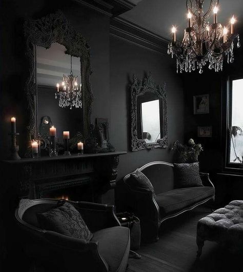 Moody Bedroom Black, Gothic Interior Design Modern, Whimsigoth House, Bedroom Dark Academia, Whimsigoth Room, Goth Living Room, Casa Rock, Gothic Style Home, Bedroom Moody