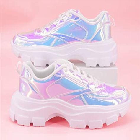 LUCKY STEP Women 90S Chunky Platform Reflective Sneakers - White Hologram Casual Lace-Up Walking Dad Sneakers #festivaloutfit #festivaloutfitedc #edcoutfit #raveoutfits #rave #edm #festivaloutfitsrave #festivaloutfitsplussize #raveoutfitsedc #festivalinspooutfits #ravepartyoutfits #holographicoutfit #chunkysneakers #festivalshoes Holographic Sneakers, Women 90s, Chunky Platform Sneakers, Festival Shoes, Dad Sneakers, Rhinestone Shoes, Zooey Deschanel, Walking Sneakers, Festival Looks