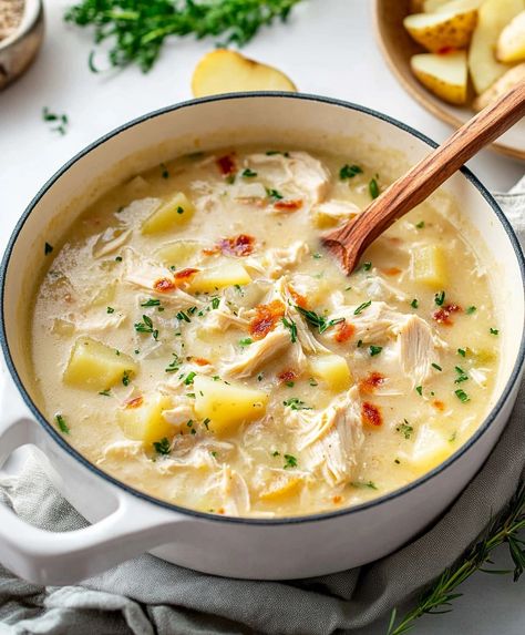 Chicken Potato Soup Recipe Creamy Chicken Potato Soup Crockpot, Potato Soup Made With Chicken Broth, Soup Chicken Potato, Potato Soup With Spinach, Potato Soup Chicken Broth, Chicken Noodle Potato Soup, Chicken Potato Soup Recipes, Chicken Potatoes Soup, Chicken Noodle Soup With Potatoes