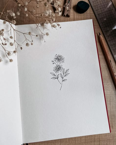 Sera | Floral Art on Instagram: "#floralinspiration • November-Scorpio flowers (chrysanthemums) 💛 You don’t need a lot of pens to draw. Just one will do. I used only the…" November Inspired Tattoos, Two Chrysanthemum Tattoo, Tattoo November Flower, Chrysanthemums Tattoo Minimalist, Minimal Chrysanthemum Tattoo, The Chrysanthemum Tattoo, Chrysanthemum And Bee Tattoo, Small November Flower Tattoo, November Flower Tattoo Ideas