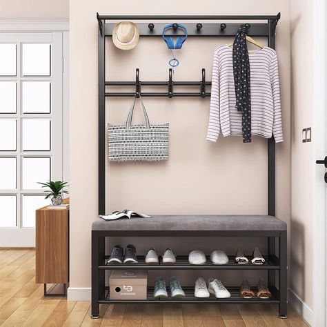 WPPTNSFY Hallway Shoe Rack and Bench with Hooks, Entry Bench with Coat Rack, Metal Frame, Intimate Foot Pad Design Non-Slip and Scratch-Resistant, for The Living Room Hall, L:80/100CM, Dark Grey : Amazon.co.uk: Home & Kitchen Coat Rack Shoe Bench, Entryway Hall Tree, Coat And Shoe Rack, Hallway Coat Rack, Hanging Clothes Racks, Standing Coat Rack, Shoe Shelf, Shoe Bench, Hall Tree