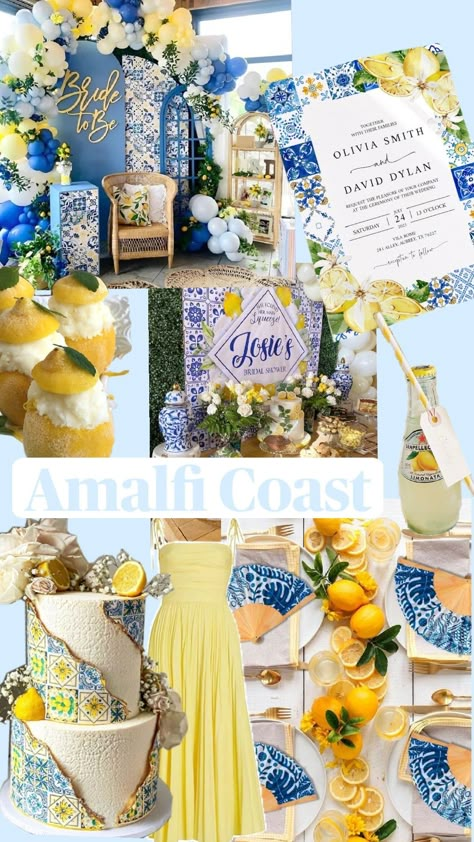 Blue And Yellow Bridal Shower Ideas, Italian Bachelorette Party Theme, Positano Theme Party, Lemon Party Decorations, Blue Bridal Shower Themes, Amalfi Lemons, Mediterranean Party, Italian Bridal Showers, Amalfi Wedding