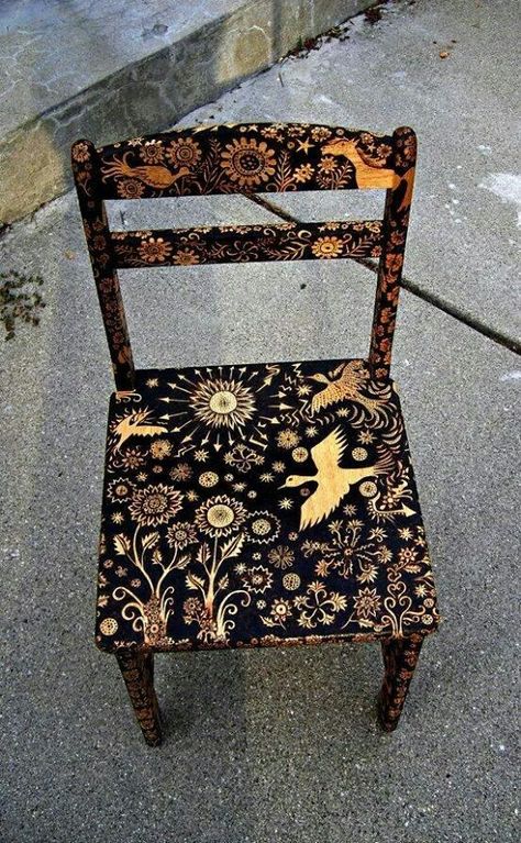 Burnt Coffee Table, Painted Chair, Small Chair, Painted Chairs, Funky Furniture, Hand Painted Furniture, Old Furniture, Redo Furniture, Pyrography