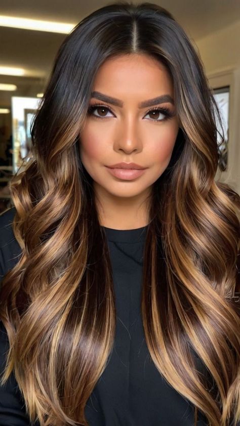 Hair Coloring For Dark Hair, Balayage On Brown Girl, Natural Looking Highlights Brown Hair, Hair Color Ideas For Brunettes Hilights, Honey Brown Hair Balayage, Browns Highlight, Hair Color 2024 Trends Women, Balayage Hair Brown, Balayage For Dark Brown Hair