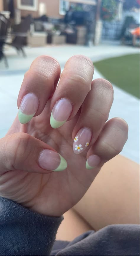 Green French Tip Nails Flowers, Green French Tip Nails Coffin Short, Cute Acrylic Nails For Sweet 16, Sage Green French Tip Nails Almond Short, Sage Green Almond Nails French Tip With Flowers, Sage Green French Tip Nails With Flowers, Sage Green Almond Shaped Nails, Sage Green Nails Acrylic French Tip, Blue French Tip Nails Almond With Flowers