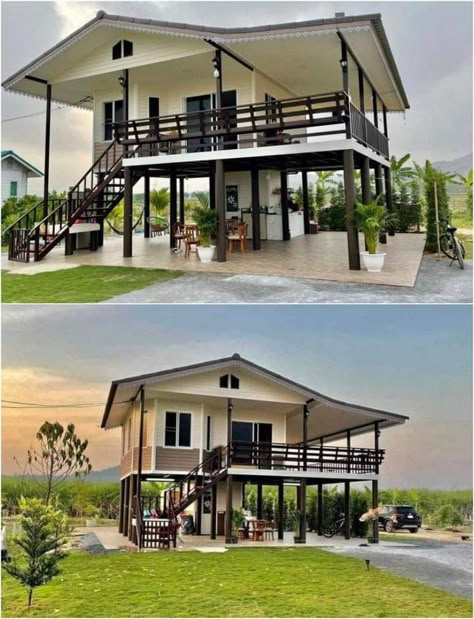 Deck On Stilts, Stilted Architecture, Modern Filipino House Exterior, Small Cabin On Stilts, Small House On Stilts, Stilt House Design, Houses On Stilts, Home On Stilts, Elevated House Design