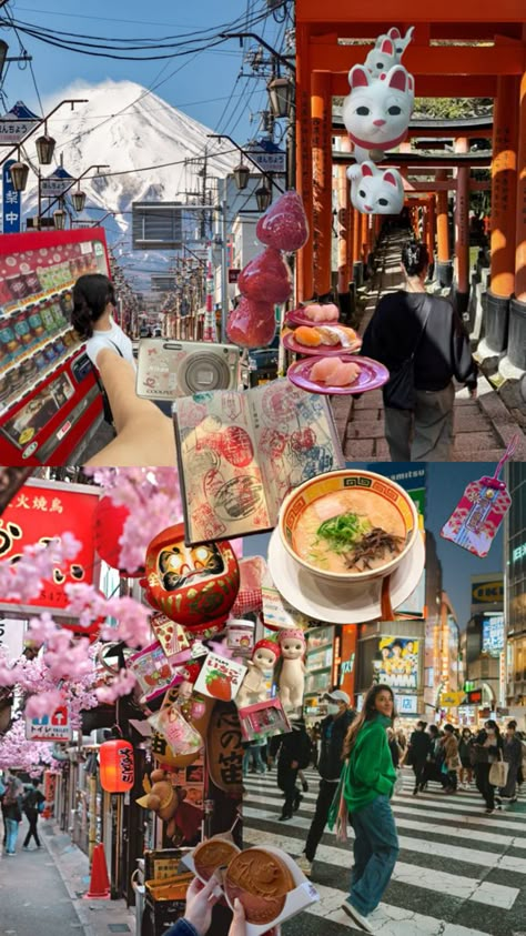 Vision board depicting Japanese street scenes and cutouts of Japanese food and gadgets, focus on red color palette Japan Vision Board Wallpaper, Japanese Vision Board, Japanese Way Of Life, 2025 Vision Board Japan, Japan Travel Vision Board, Japan Trip Vision Board, Traveling To Japan Aesthetic, Vision Board Travel Japan, Aesthetic Japan Pictures