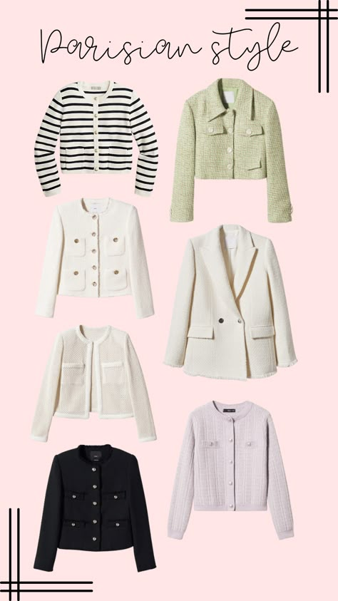 Collage of textured blazers and tweed jackets for spring. White Button Down Office Outfit, White Chanel Blazer Outfit, Chanel Inspired Tweed Jacket, Boucle Jacket Outfit Casual, Spring Tweed Jacket Outfit, Parisian Blazer Outfit, Cardigan Blazer Outfit, Cream Boucle Jacket Outfit, Chanel Style Jacket Outfit