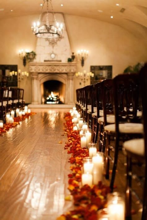 Inside Wedding Isles Decoration, September Wedding Aisle Decor, Fall Outdoor Wedding Aisle, Fake Candles Wedding Aisle, Fall Aisle Decor, Wedding Isles Decoration Terracotta, Fall Wedding Venues Indoor, Fall Wedding Aisle Decorations Indoor, Fall Wedding Isles Decoration Indoor