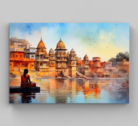 Canvas Painting Acrylic Wall Decor, Village Painting Ideas, Varanasi Painting Acrylics, Banaras Ghat Painting On Canvas, Benaras Paintings, Canvas Landscape Painting Acrylics, Varanasi Ghat Painting, Painting For Living Room On Canvas, Heritage Of India Paintings