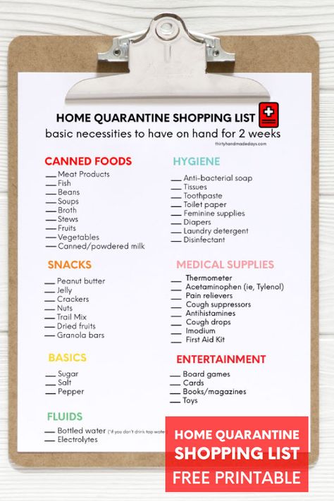 Use this list for basic necessities in case of a home quarantine.  Printable from thirtyhandmadedays.com Grocery Essentials, Stock Pile, Basic Necessities, Emergency Prepardness, Emergency Food Supply, Printable Shopping List, Family Emergency, Emergency Preparation, Survival Life Hacks