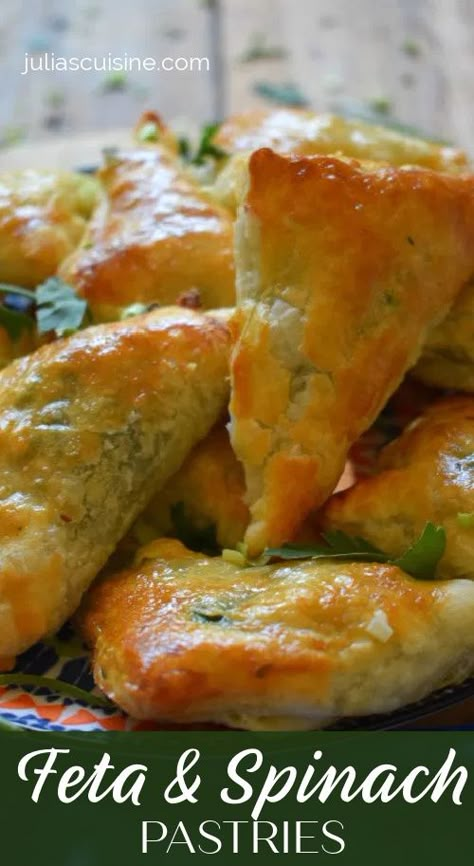 The perfect appetizer or nibble for easy entertaining. These Feta & Spinach Pastries are a light and crispy pastry are a great make ahead appetizer that’s full of flavour and easy to make. Feta Cheese And Spinach Recipes, Feta Cheese Puff Pastry Recipes, Spinach And Feta Pastry Puffs, Spinach Feta Cheese Puff Pastry, Spinach And Feta Appetizers, Puff Pastry With Feta Cheese, Puff Pastry With Spinach, Spinach And Feta Pastries, Vegetable Appetizers Easy