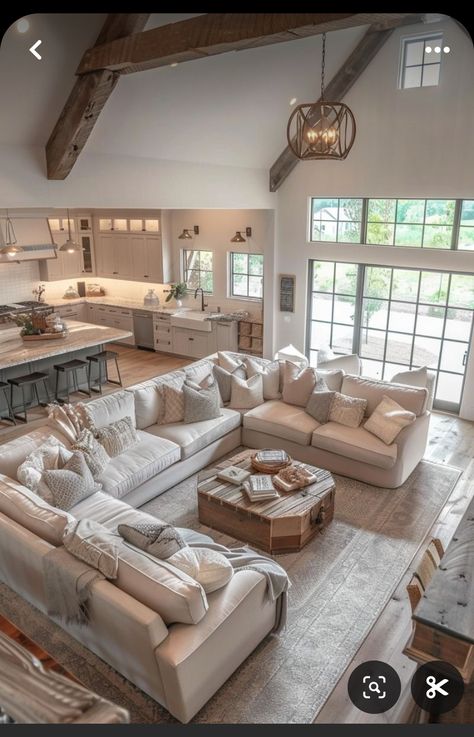 Kitchen Family Room Addition, Large Living Room Layout With Play Area, Huge Open Kitchen And Living Room, Large Living Room Seating Ideas, Huge Sectional Couch Living Room, Open Floor Plan Couch Layout, Large Living Room Fireplace, Dual Living Room Ideas, Big Square Living Room Layout