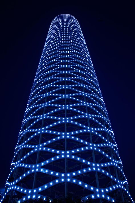 Tower of Ring,© Koichi Torimura Exterior Lighting Design, Construction City, Tower Light, Architectural Lighting Design, Facade Lighting, Geometric Architecture, Point Light, Office Tower, Building Facade