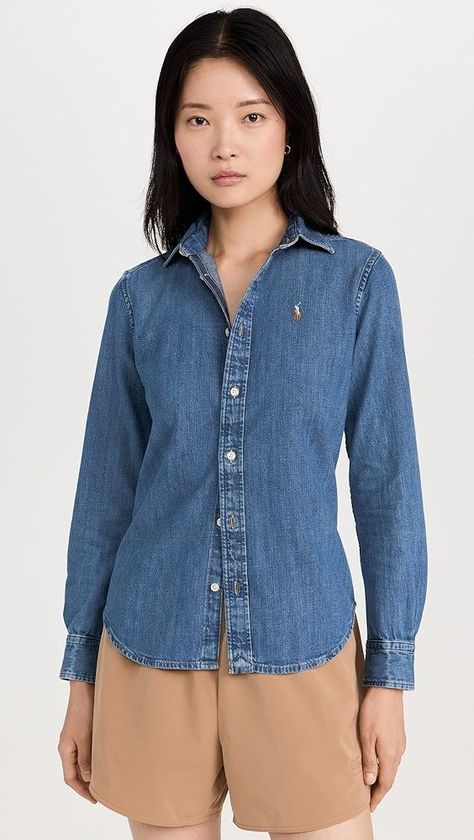 Navy Abby Bag curated on LTK Ralph Lauren Denim Shirt, Ralph Lauren Denim, Fall 24, Spring 2023, Style Trends, Logo Embroidery, Signature Logo, Denim Shirt, Button Placket