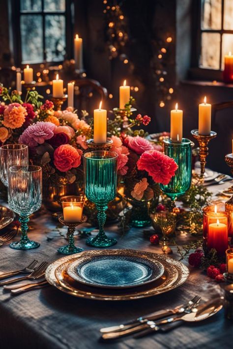 Dinner Party aesthetic Jewel Tones Table Setting, Burgundy Jewel Tone Wedding, Dark And Moody Dinner Party, Jewel Tone Christmas Table, Dinner Party Color Palette, Jewel Tone Wedding Inspiration, Jewel Toned Tablescape, Fancy Dinner Table Aesthetic, Jewel Tone Dinner Party