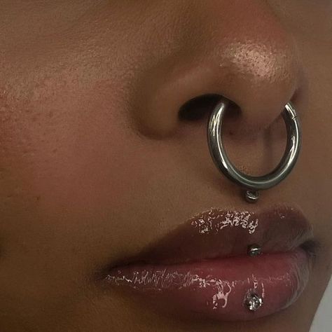 xi 🧿 on Instagram: "My largest gauge septum yet on the iconic @misss.venom 8 gauge septum piercing with a clicker. Peep the healed cheeks with white Opal discs plus a brand new jestrum by yours truly with white CZ ends. You are bringing me to new heights by letting me pierce you so many times & to push the boundaries of what body modification can be. Thank you. Love you. . . . . . . . . #septum #septumpiercing #bigseptum #biggauge #gauged #8gauge #jewelry #symmetry #piercedbyxi #pierced #piercings #opal #jestrum #jestrumpiercing #verticallabret #verticallabretpiercing #titanium #ashley #ashleypiercing #cheeks #cheekpiercings #dimplepiercings #piercinginspiration #piercinginspo #bodymods #bodymodified #brooklyn #nyctattoo #nyc" Gauged Septum Piercing, 8 Gauge Septum, Different Septum Piercings, Chunky Piercings, Ashley Piercing Aesthetic, Septum And Vertical Labret, Vertical Philtrum Piercing, Anti Brow Piercing, Ashley Lip Piercing