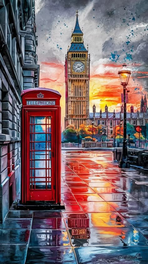 London Painting Acrylic, London Phone Booth, London Drawing, London Cityscape, Red Telephone Box, London Painting, Red Telephone, Telephone Box, Big Ben London