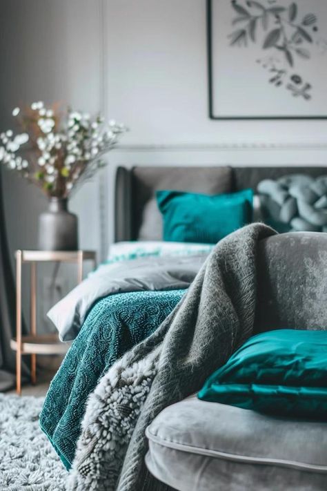 Teal and Grey Bedroom Ideas for a Chic Space Teal Closet Ideas, Teal Gray And Gold Bedroom Ideas, Bedroom With Turquoise Accents, Soft Grey Bedroom Ideas, Charcoal Grey Bed, Grey And Turquoise Bedroom, Grey Teal Bedrooms, Turquoise Grey Bedroom, Grey And Teal Bedroom Ideas