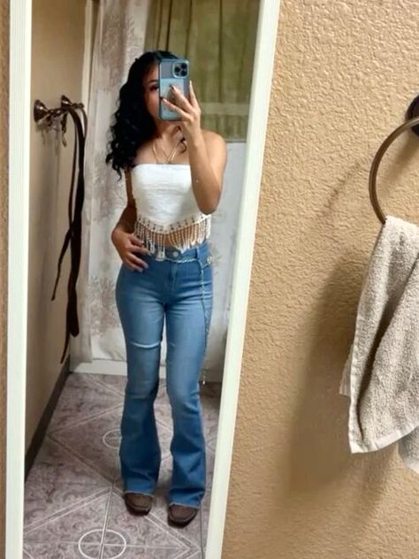 Flared Jeans Outfit Mexican, Mexican Jeans Outfit, Mexican Flare Jeans Outfit, White Vaquera Outfit, Latina Bootcut Jeans Outfit, Quince Surprise Dance Outfits Vaquera, Mexican Quince Outfits Guest, Western Mexican Outfits, Vaquera Shirts