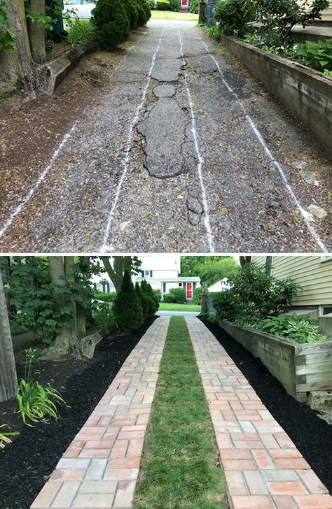 Diy Driveway Landscaping, Diy Brick Driveway Ideas, Slanted Driveway Ideas, Driveway To Backyard Garage, Incline Driveway Ideas, Cheapest Driveway Ideas, Semi Permeable Driveway, English Driveways, Backyard Driveway Ideas