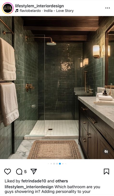 Dark Green Accent Bathroom, Green Tile Bathroom Vanity, Juniper Tile Bathroom, Spa Bathroom Ideas Dark, Chocolate Tiles Bathroom, Master Ensuite Bathroom Moody, Farmhouse Bathroom Dark Floor, Green Bathroom Brown Cabinets, Earth Tone Shower Tile