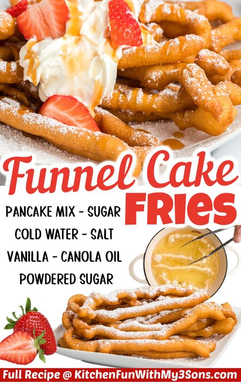 Funnel Cake Recipe Pancake Batter, Funnel Cake Flavor Ideas, Funnel Cake Air Fryer Recipe, Easy Funnel Cakes, At Home Funnel Cake, Funnel Cake Fries Recipe With Pancake Mix Easy, Funnel Cake Fries Air Fryer, Cake Mix Funnel Cake Recipe, Funnel Cake Recipe Easy Bisquick