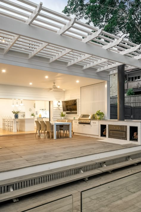 Kitchen Onto Deck, Kitchen To Alfresco, California Room Outdoor Kitchen, Open Plan Kitchen Dining Living Onto Deck, White Outdoor Kitchen Design, Indoor Outdoor Alfresco, Balcony Outdoor Kitchen, Australian Outdoor Living, Open Outdoor Entertaining Area