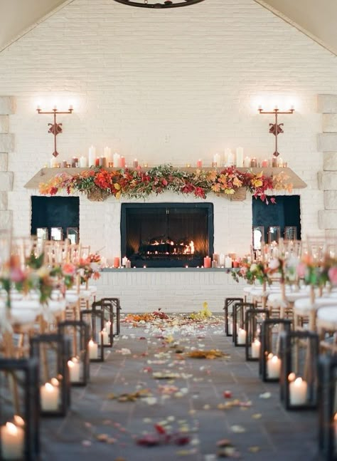 This amazing aisle decor is with candles and lanterns is romantic and perfect for a fall wedding Church Wedding Decorations Aisle, Wedding Walkway, Wedding Fireplace, Fall Ceremony, Wedding Aisles, Wedding Ides, Fall Wedding Ceremony, How To Dress For A Wedding, Wedding Isles