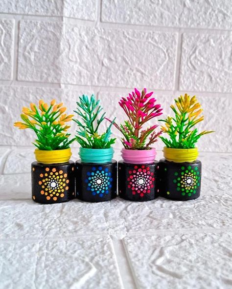 Swipe 👈 Fevicryl Acrylic Colour Bottles Turned into Cute Mandala Planters😍 . . Show thoda LOVE and thoda SUPPORT @kraftykinni 😍 . . Dm for Order 😉😉 . . #acryliccolourbottle #hobbyideasindia #keepcreating #bottleartlover #easydiy #bottleartlovers #bottle_art_lovers #bottlepainting #mandalaart #bestoutofwaste #reuse #mygovindia #fevicrylcolors [Fevicryl, Acrylic colours, Mandala art, Dot mandala art, Bottle art, Easy diy, DIY, Planter, Reuse, Recycling, Best out of waste] Empty Colour Bottle Craft, Acrylic Paint Bottles Diy Ideas, Dot Painting On Bottles, Mandala Art Design Colour, Painting Bottles Diy Ideas, Paint Bottles Diy, Mandala Art Bottle, Clay Bottle Art Ideas, Bottle Art Ideas Paint