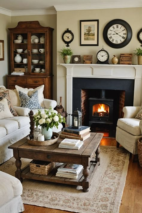 21 Farmhouse Style Living Room Ideas – The Dear Lab Antique Lounge Room, Traditional Living Room Designs Ideas, Parlor Room Ideas Cozy, Vintage Living Room Gray Couch, Cozy Rooms Living, Brown Cream And Blue Living Room, Colonial House Living Room Ideas, Living Room Layout With Entry Door, Grey Couch Cottage Core