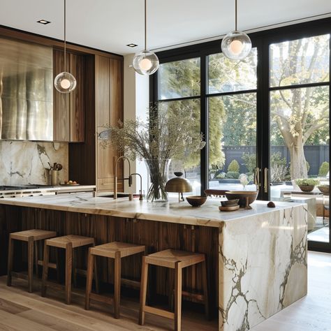 Large Window Kitchen, Large Range Hood, Marble And Wood Kitchen, Beautiful Kitchen Islands, Large Kitchen Diner, Transitional Modern Kitchen, Modern Transitional Kitchen, Modern Traditional Kitchen, Transitional Style Kitchen