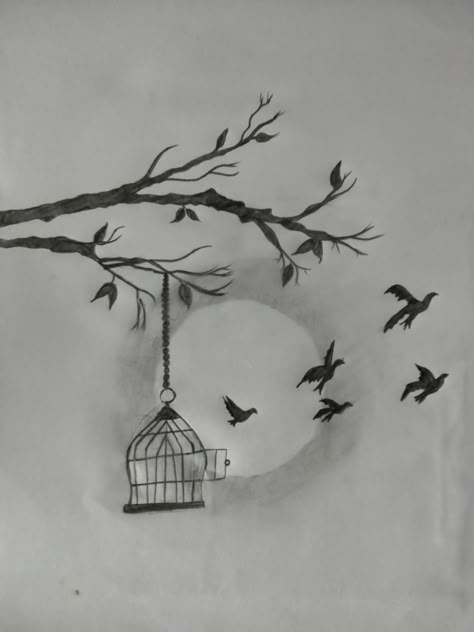 "Unlock your artistic wings and learn how to draw birds breaking free from their cages with the delicate strokes of a pencil. Explore the theme of freedom in this captivating art tutorial. 🕊️✏️ #BirdDrawing #ArtFreedom #PencilSketch" Cage Sketch Drawings, Bird In Cage Drawing, Bird In A Cage Drawing, Freedom Struggle Drawing, Cage Drawing, Flying Bird Drawing, How To Draw Birds, Freedom Drawing, Draw Birds