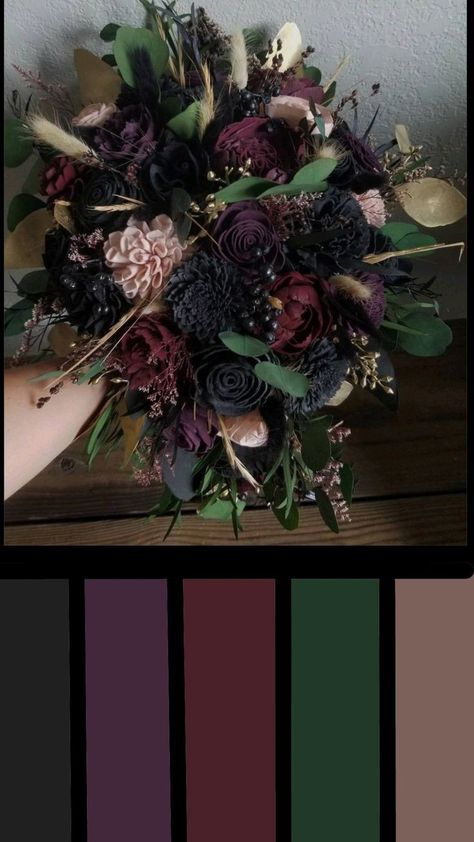 Wedding Dark Purple Color Schemes, Plum And Hunter Green Wedding, Navy Blue And Plum Wedding Color Schemes, Eggplant Complimentary Colors, Plum Green Black Wedding, Dark And Moody Color Scheme, Moody Purple Fall Wedding, Green And Purple Gothic Bedroom, Gothic Wedding Palette