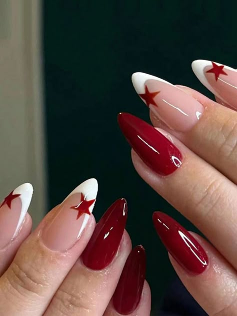 Red Or White Nails, Date Nails Ideas, Nail Ideas Pointy, Summer Time Nail Ideas, Nails Inspiration New Year, Cute Nail Ideas Almond, St Valentin Nails, Nails Acrylic French Tip Color, Nail Designs With Red