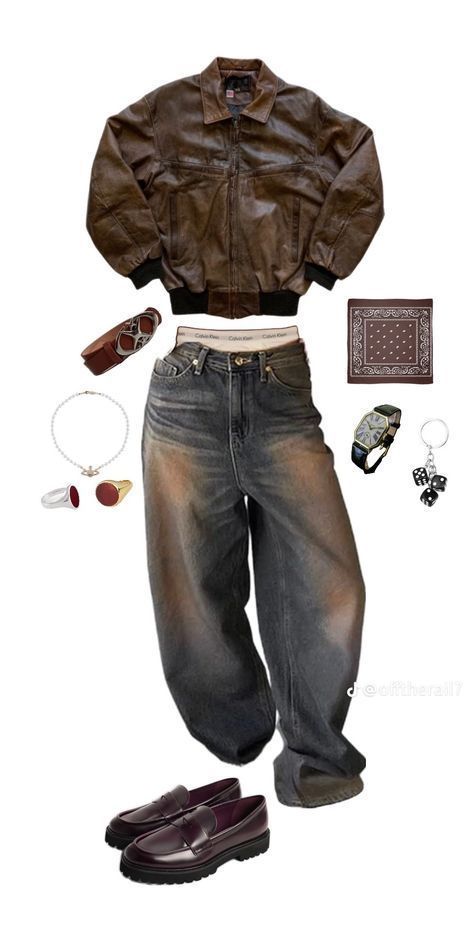 Streetwear Vintage Men, Masc Inspo Outfits, Brown Aesthetic Vintage Outfit, Streetwear Chic Outfit, Vintage Leather Jacket Outfit Men, Vintage Fits Men, Brown Color Combinations Outfits, Vintage Leather Jacket Outfits, Brown Streetwear Outfit