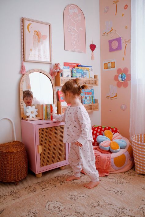 Cozy Toddler Girl Room, Toddler Reading Nook Girl, Flower Toddler Room, Toddler Girl Room Colorful, Groovy Toddler Room, Reading Nook Toddler Room, Toddler Girl Reading Corner, Daughters Room Ideas, Reading Corner Toddler Room