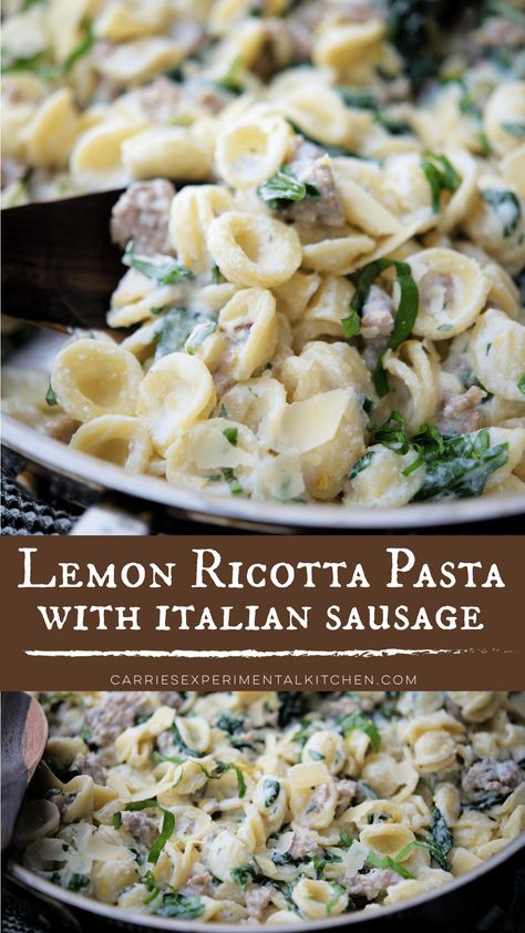 Lemon Ricotta Pasta with Sausage | Carrie’s Experimental Kitchen Ricotta Crockpot Recipes, Sausage And Ricotta Recipes, Ricotta Sausage Pasta, Sausage Lemon Pasta, Orrechiette Recipes Italian Sausages, Ground Sausage Pasta, Pasta Recipes With Ricotta, Lemon Ricotta Sauce, Ricotta Pasta Sauce