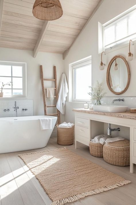 Coastal bathroom ideas: 27 Fresh looks for seaside style Beachy Bathroom Decor Ideas, Neutral Beach Bathroom, High End Beach House Interiors, Seaside House Interior Design, Beach House Interior Bathroom, Small Pool Bathroom Ideas, Beach Bathroom Ideas Coastal Style, Small Pool Bathroom, Cabana Bathroom Ideas