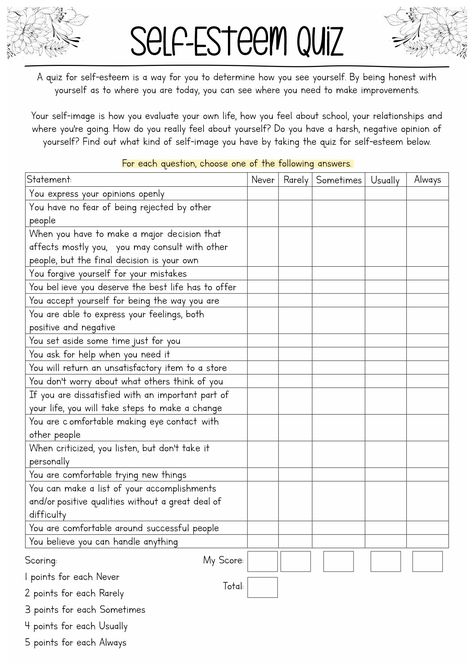 Self-Esteem Assessment Worksheet for Adults Check In Questions For Group Therapy, Selfcare Worksheets, Worksheets For Adults, Group Therapy Activities, Counselling Tools, Counseling Worksheets, Self Care Worksheets, Self Esteem Worksheets, Self Esteem Activities