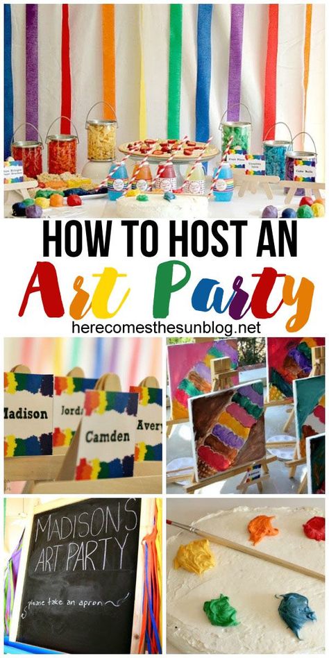 How to host a fun Art birthday party!  I love all these ideas. Diy Art Theme Birthday Party, Art Inspired Birthday Party, Diy Themed Birthday Party, Art Birthday Party Ideas Decorations, Art Theme Birthday Party Decorations, Art Activities For Birthday Party, Artist Party Ideas For Kids, Art Projects For Birthday Parties, Artsy Party Theme