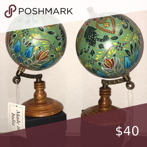 NEW Set of Two Ghom Hand Painted Spinning Globes Hand Painted Globe, Spinning Globe, Painted Globe, Globe Art, Have An Amazing Day, Hand Painted Designs, Painted Designs, Amazing Day, Wood Stand