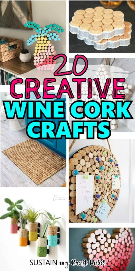 From decorative wall art, signs, jewelry organizers, hot pads and more, these easy and creative wine cork crafts will get you inspired! All include easy step-by-step tutorials on how to make the project ideas. #sustainmycrafthabit Wine Cork Centerpiece, Wine Cork Frame, Wine Cork Diy Projects, Wine Cork Coasters, Aesthetic Craft, Cork Diy Projects, Wine Cork Christmas Tree, Cork Crafts Christmas, Diy Cork